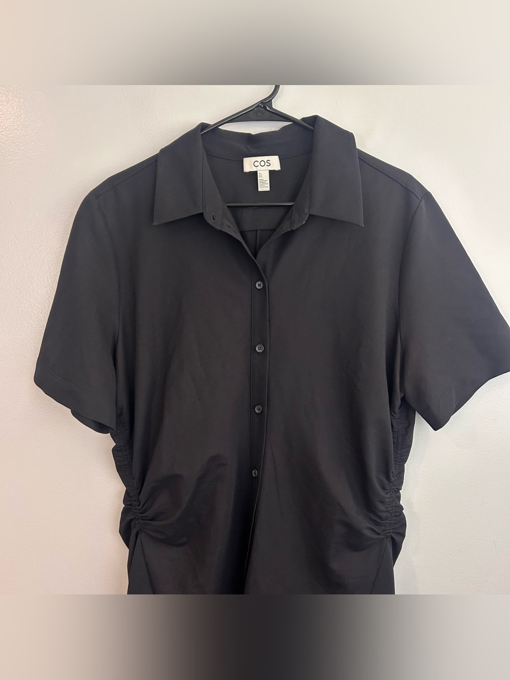 COS Dark Blue Short Sleeve Ruched Button Front Shirt Collared Midi Dress Large - Picture 3 of 12